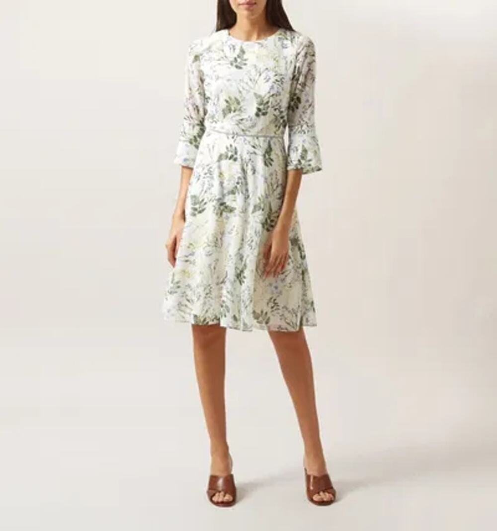 HOBBS Virginia Floral Bell Sleeve Chiffon A-Line Dress Cream Green Womens 10 NWT